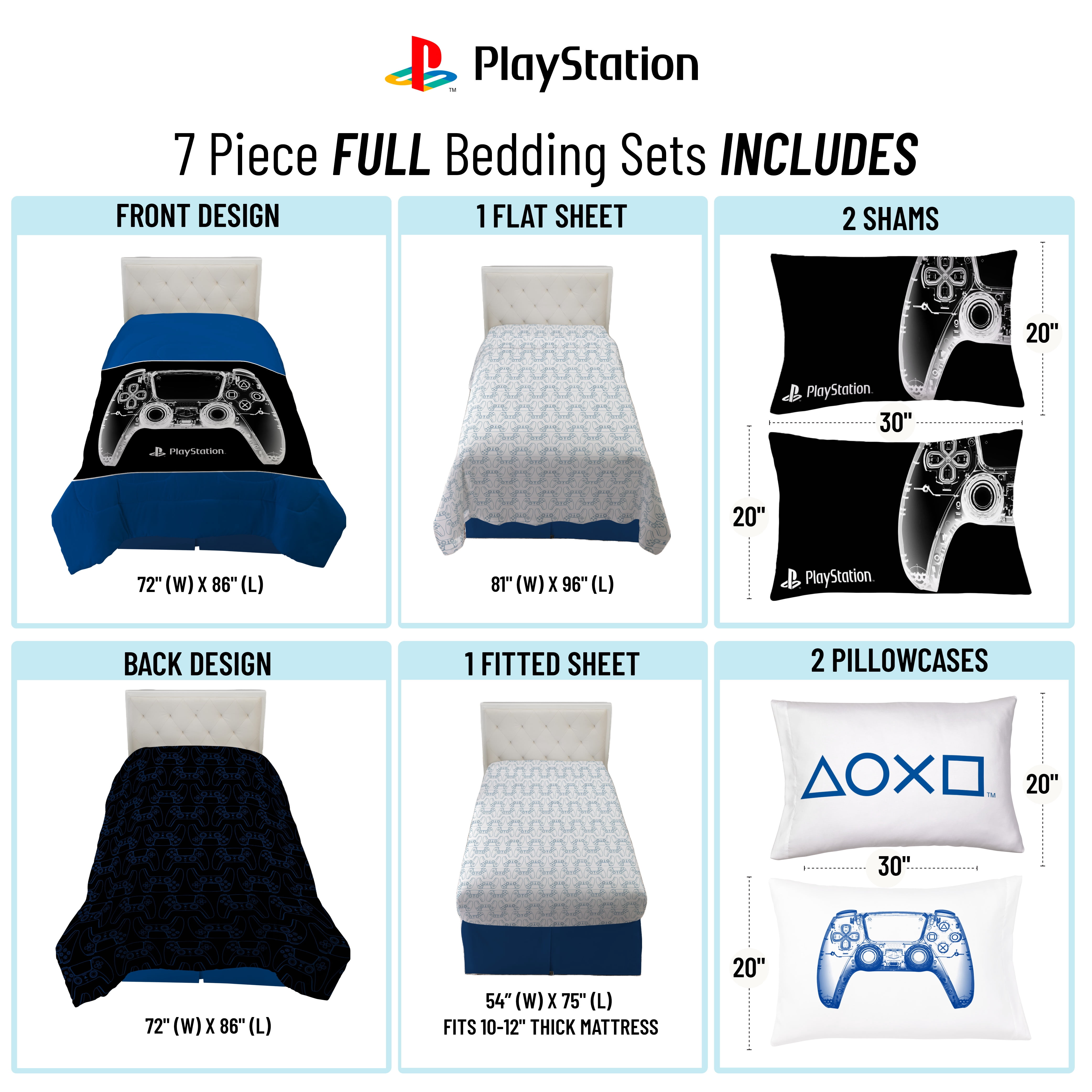 Sony PlayStation Blue & Black 7 Piece Full Bed Set w/ Sham , 100% Microfiber