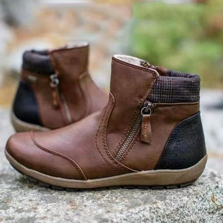 

TUTUnaumb Hot Sale Clearance Low-Top Ankle Boots Contrast Color Stitching Flat-Heeled Viscose Shoes Round Toe Snow Boots Women for Leisure and Outdoor-Brown