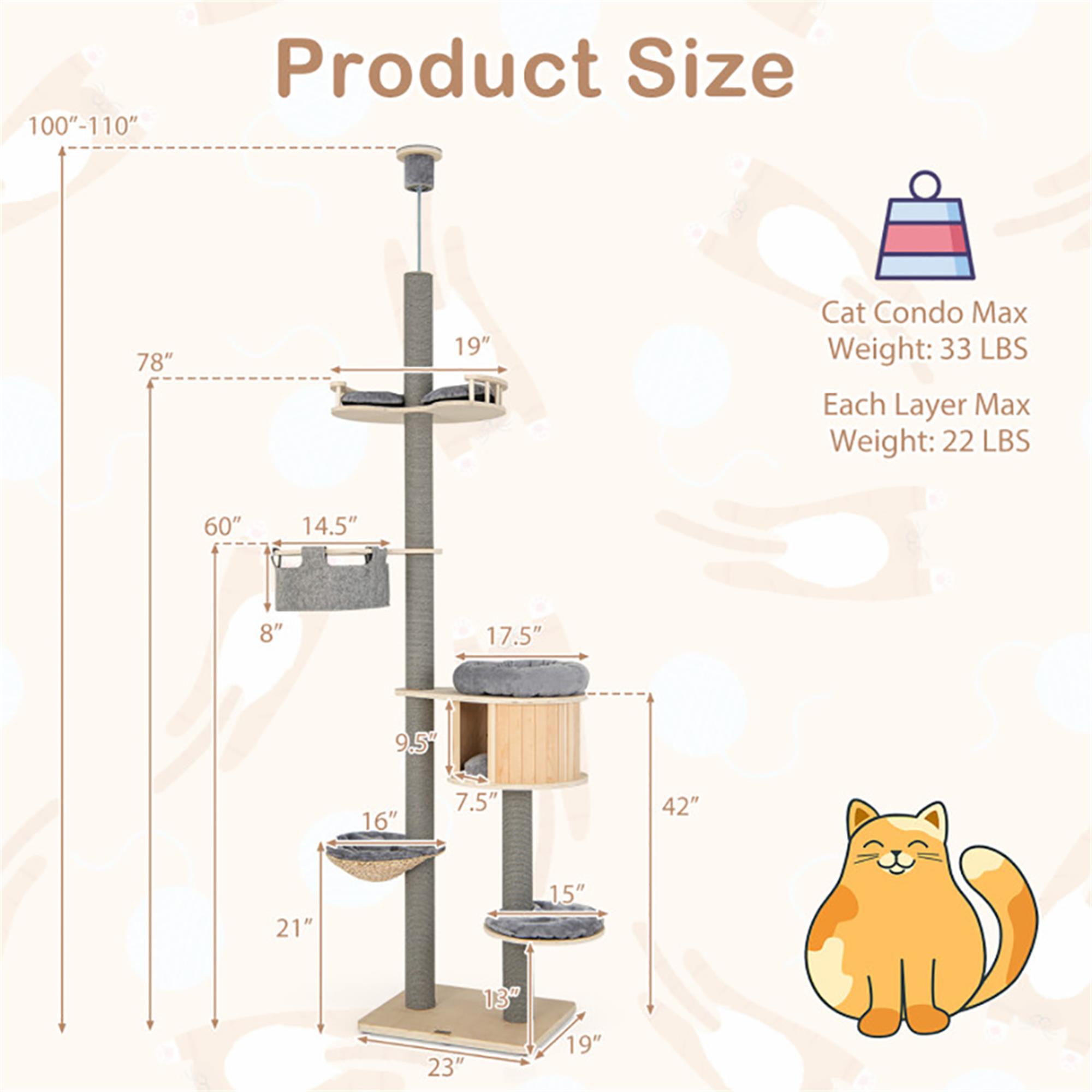 resenkos Floor to Ceiling Cat Tree Ajustable Height 100"-110", 6 Tiers Tower with Cat Condo Hammock and Sisal Covered Post for Indoor Cats, Gray