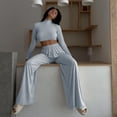 thumbnail image 4 of Jusfitsu Yoga Outfits for Women Two Piece Mock Neck Workout Sets with Crop top Long Sleeve Lounge Set, 4 of 8