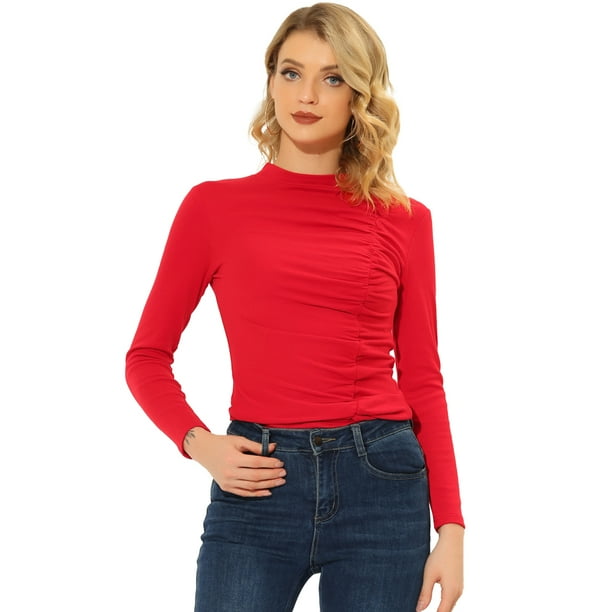 Allegra K Blusa de punto de manga larga con cuello alto fruncido para mujer rojo XL