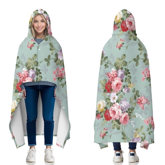 Wearable Blanket,Pioneer Flower Floral Print Pattern Hooded Wearable Flannel Blanket for Adults & Teens with Buckle,Winter Poncho Shawl Wrap Cape,50"x60"