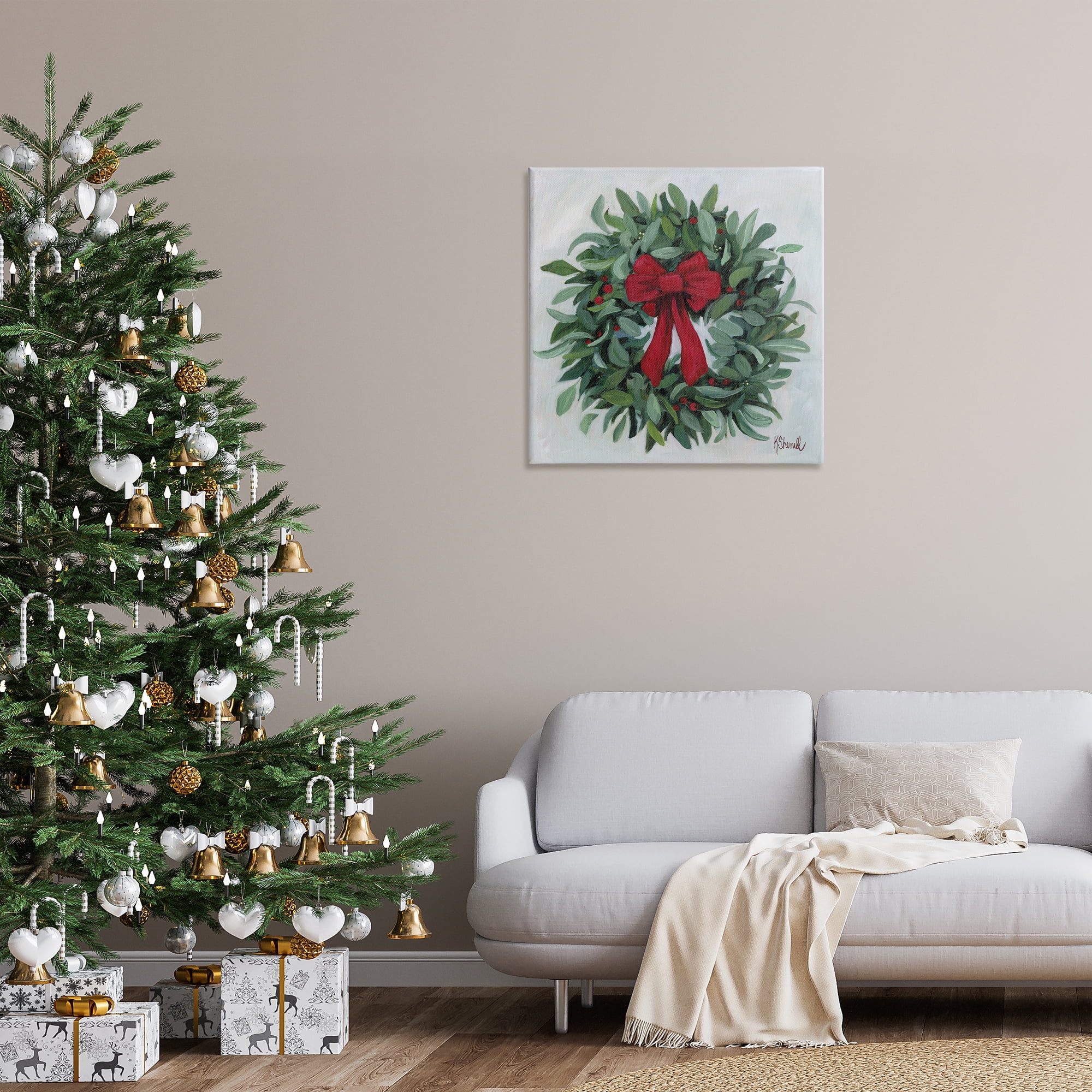 Stupell Industries Wreath with Red Bow Holiday Painting Gallery Wrapped Canvas Art Prints Wall Art, 30 x 30