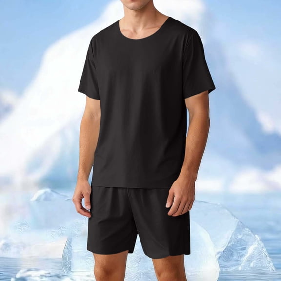 Ceisia Men's Short Sleeve Crewneck T-Shirt and Elastic Waist Lounge Shorts Pajama Set Casual Home Sleepwear Gifts for Father Black 2X