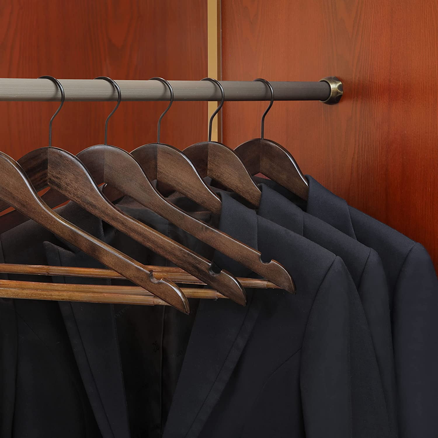 Heavy Duty Wood Coat Hangers in Smooth Retro Finish, Boutique Quality Wooden Suit Hangers with Thicker Non-Slip Rubber Pants Bar and Smoothly Cut Notches-360 °   Black Hook-18 Pack
