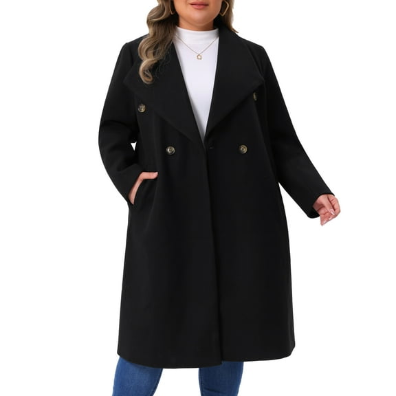 Agnes Orinda Women's Plus Size Peacoat Overcoat Notch Big Lapel Double Breasted Mid-Long Trench Coat 4X Black