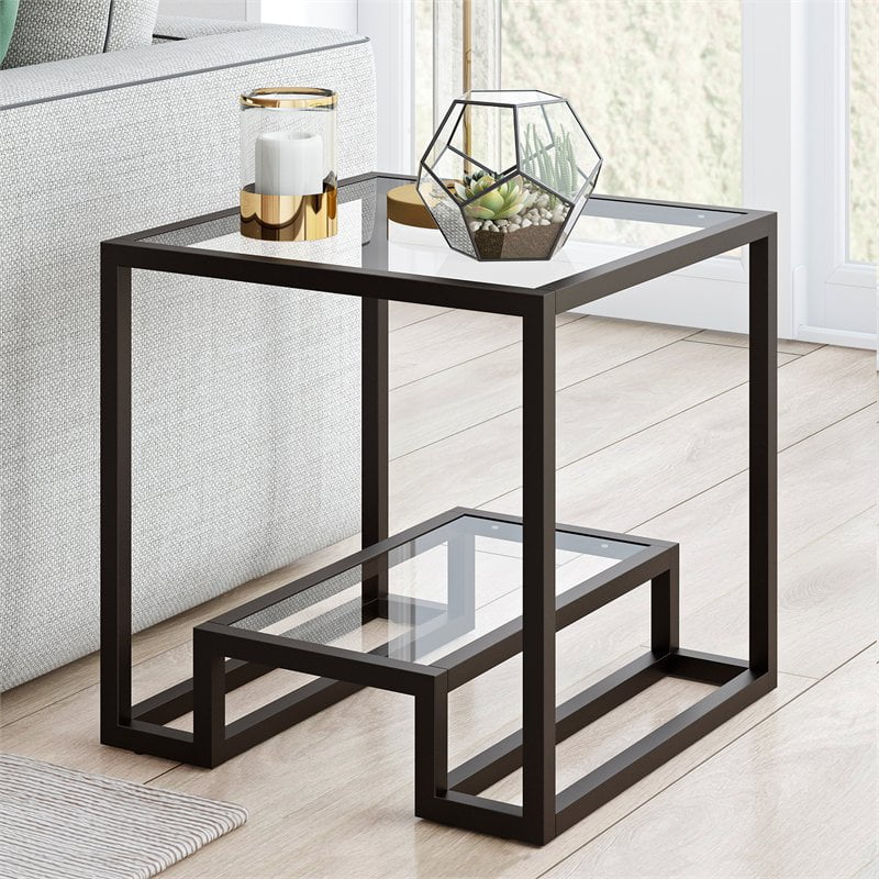 Geometric Modern Glass Side End Table with Storage Shelf, Square Accent