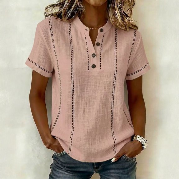Women's Stripe Button V-Neck Fashion Casual T-Shirt Short Sleeve Regular Fit Spring Summer Daily Top Pink XL