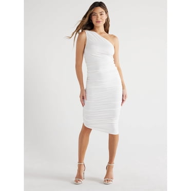 Women's One Shoulder Ruched Dress, Knee Length, Size L White
