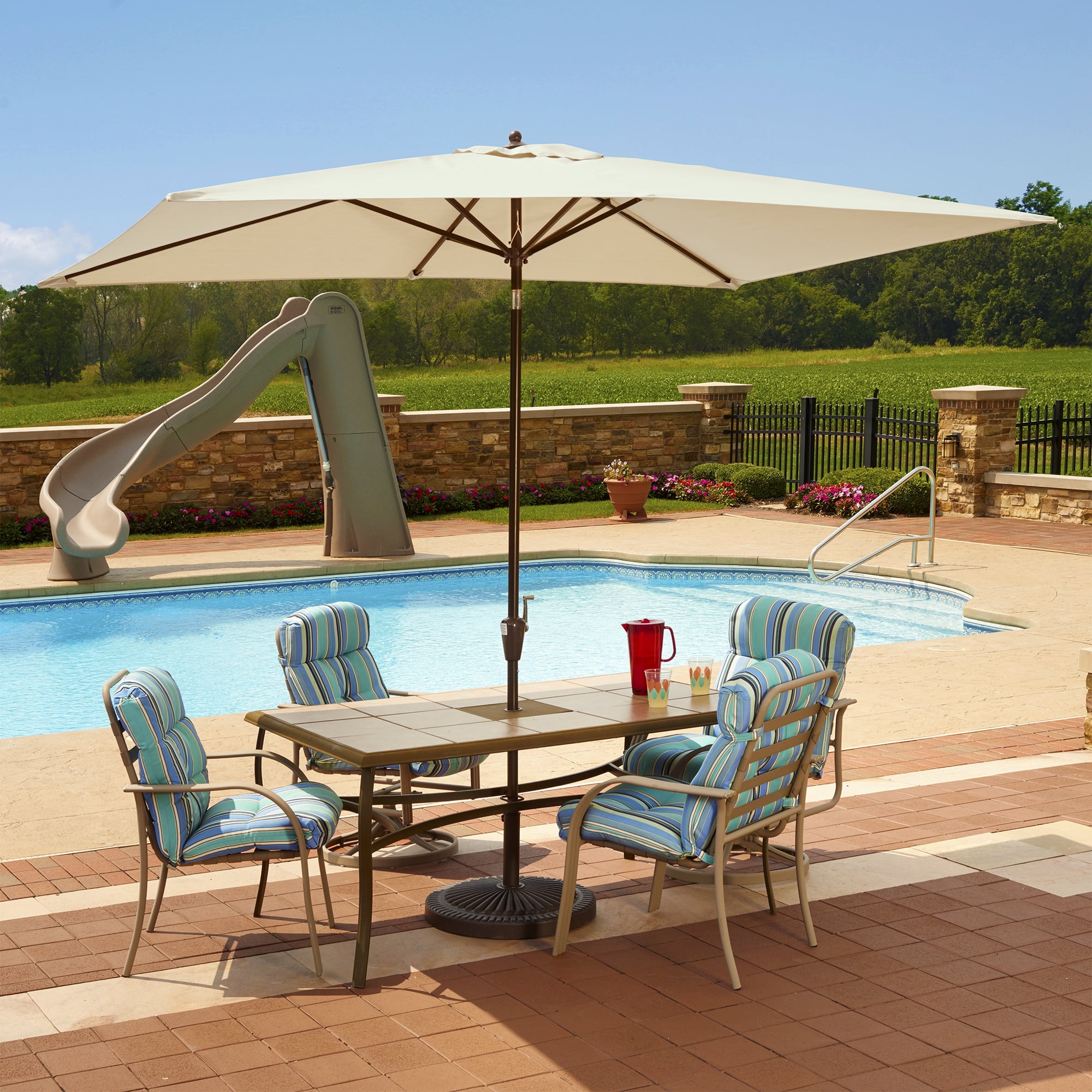 Island Umbrella Adriatic 6.5-ft x 10-ft Rectangular Market Umbrella in Champagne Olefin by Blue Wave