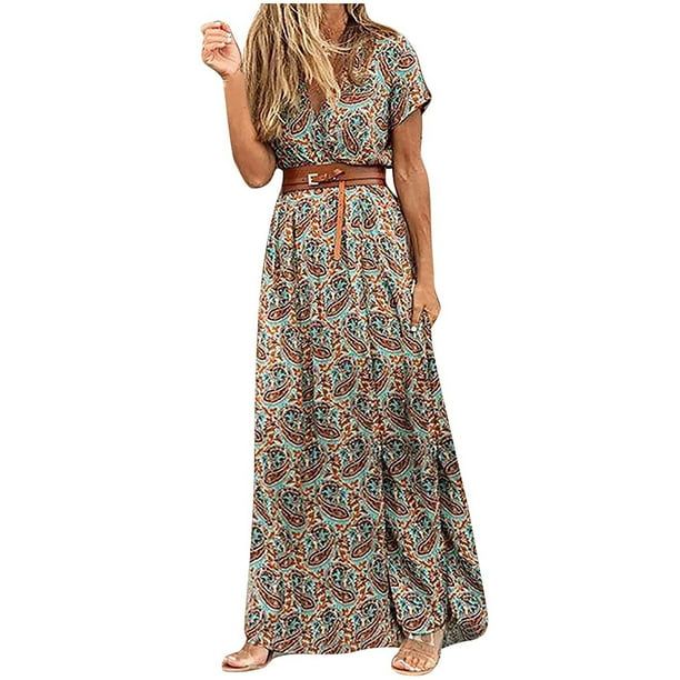 Vestido a media pantorrilla con cuello en V y estampado de manga corta suelto de vendaje informal a la moda para mujer Fridja nalpqowj4720