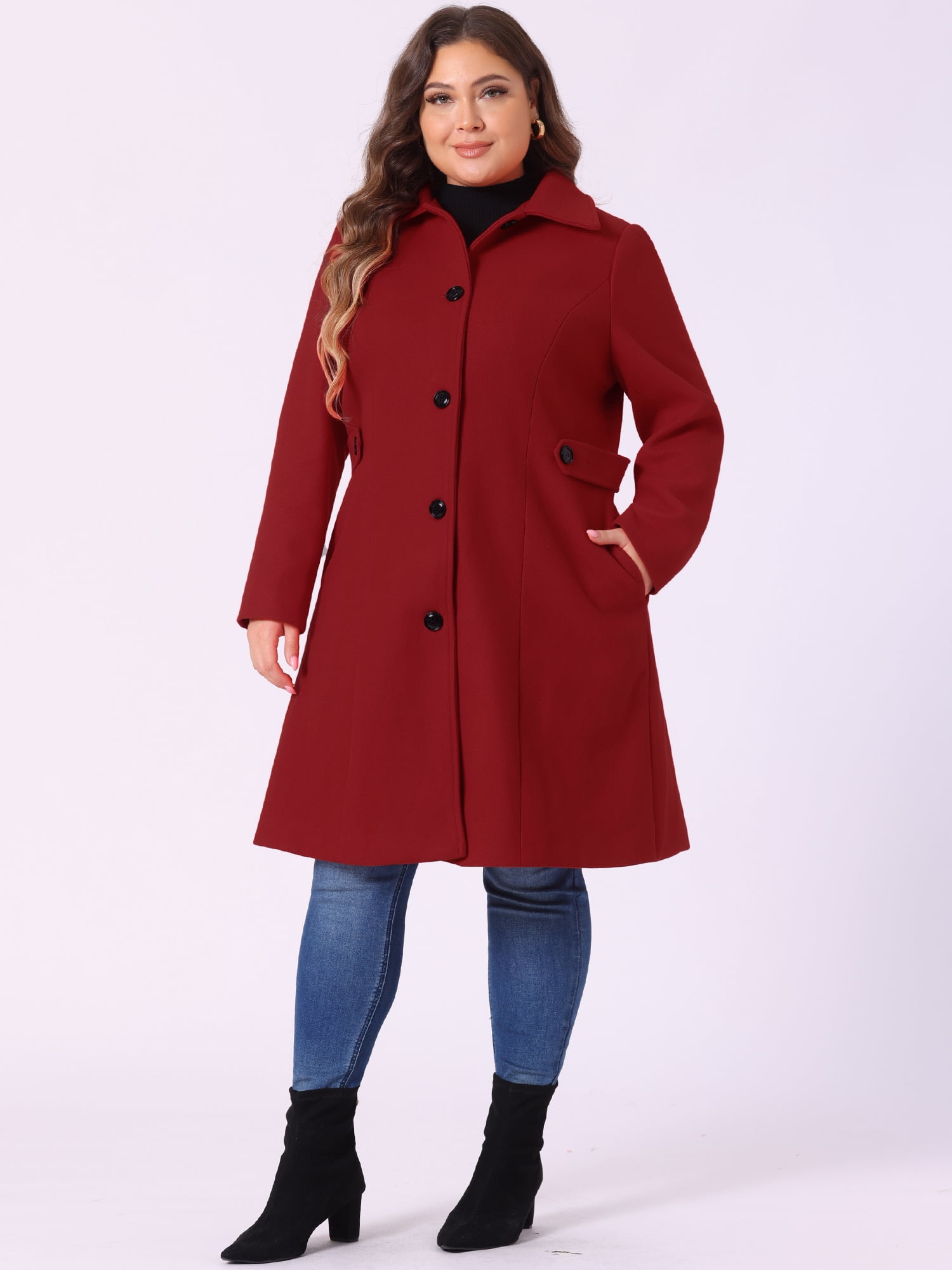 DARING DIVA Women's Plus Size Long Sleeve Utility Overcoat 4X Dark Red