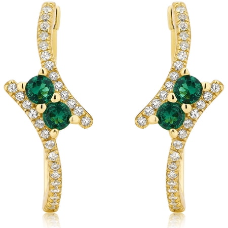 Created Emerald and White Sapphire Gemstone Gold tone Sterling Silver Two-Stone Hoop Earring