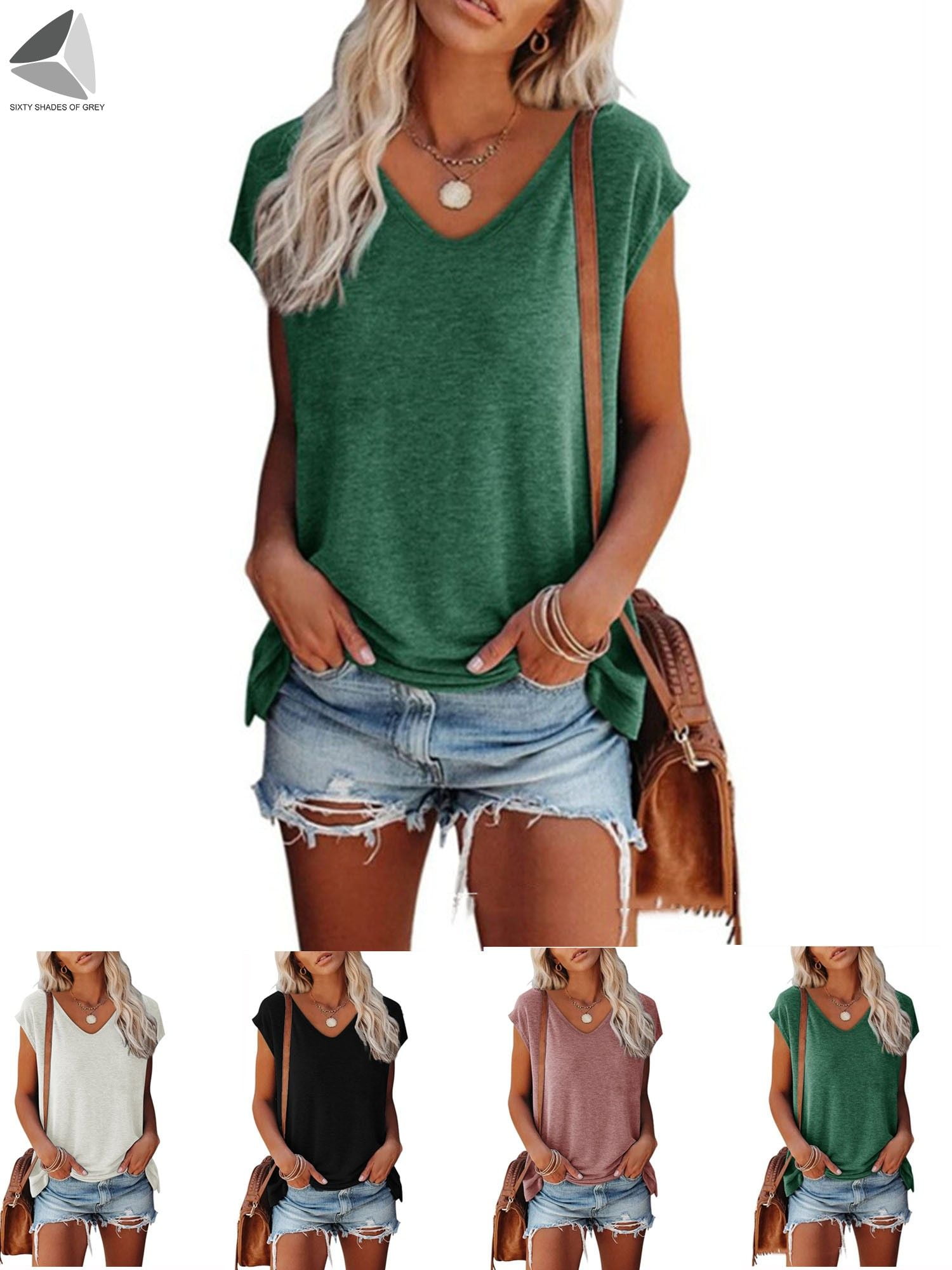 Sixtyshades Womens Summer Tops Casual V Neck Cap Sleeve Ladies Blouses