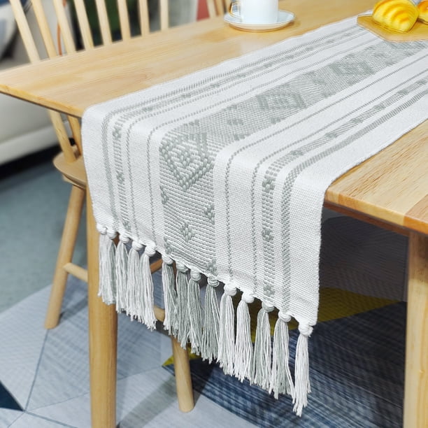 Xiao Hua 1 mantel de mesa de algodón y lino hecho a mano con borlas, mantel de mesa de té verde, mantel de mesa, mantel de mesa de té, 160 x 35 cm