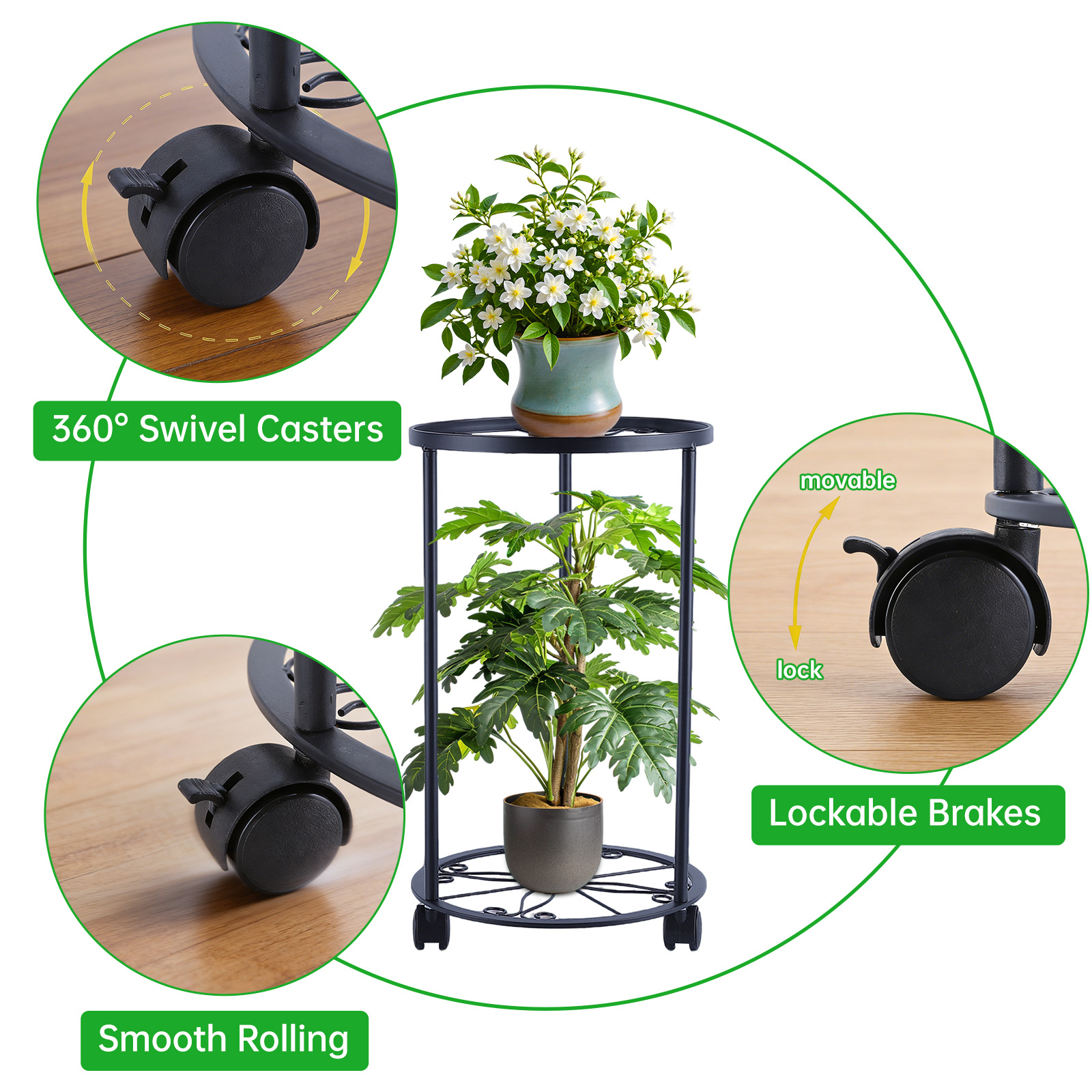 Foukus 2-Tier Metal Plant Stand with Lockable Wheels photo 2