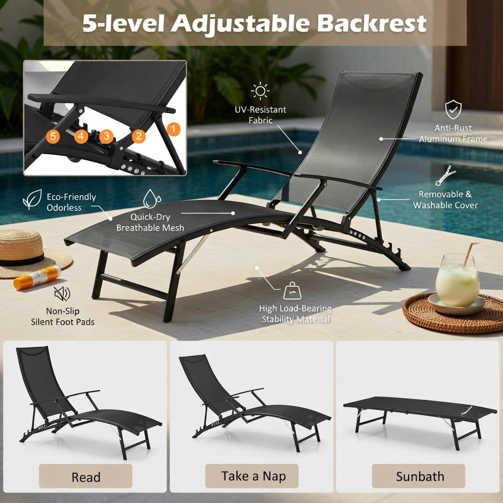Hommoo 2-Pack Folding Stackable Outdoor Chaise Lounge Chairs with 5-Position Adjustable Backrest, Rustproof Steel Frame & Quick-Dry Fabric,for Patio, Poolside & Backyard Use, Black