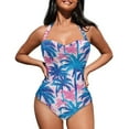 thumbnail image 3 of FKELYI Blue Pink Palm Leaf Print Women's Swimwear One Piece Swimsuit with Soft Pad Halter Monokini Tummy Control Bathing Suits V Neck Beachwear for Ladies Summer Swimming, M, 3 of 6