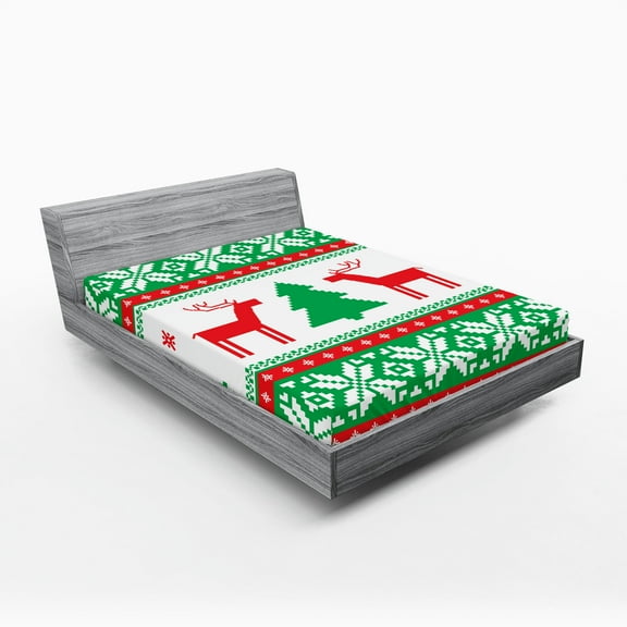 Ambesonne Christmas Fitted Sheet, Holiday Season Deer, California King, Red Green White