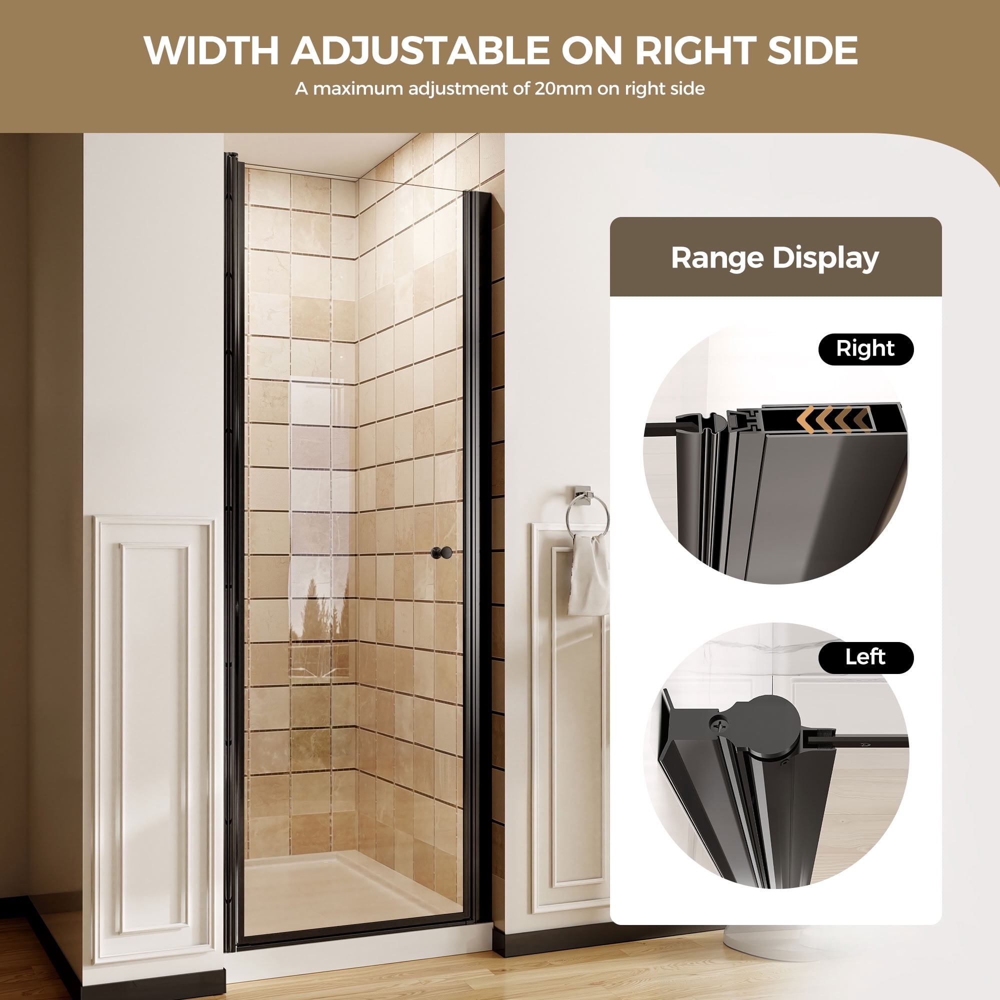 MAYEERTY Frameless Pivot Shower Door, Matte Black, 1/4" Tempered Glass with Explosion-Proof Film, Waterproof & 180° Pivot