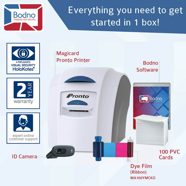 Magicard Pronto ID Card Printer & Complete Supplies Package with Bodno ID Software and Camera - Bronze Edition