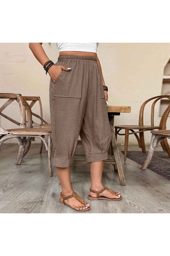 Capri Pants for Women with Pockets Summer Elastic Waisted Smocked Straight Leg CasualCropped Bottoms Loose Fit Daily Walking Vacation Trousers