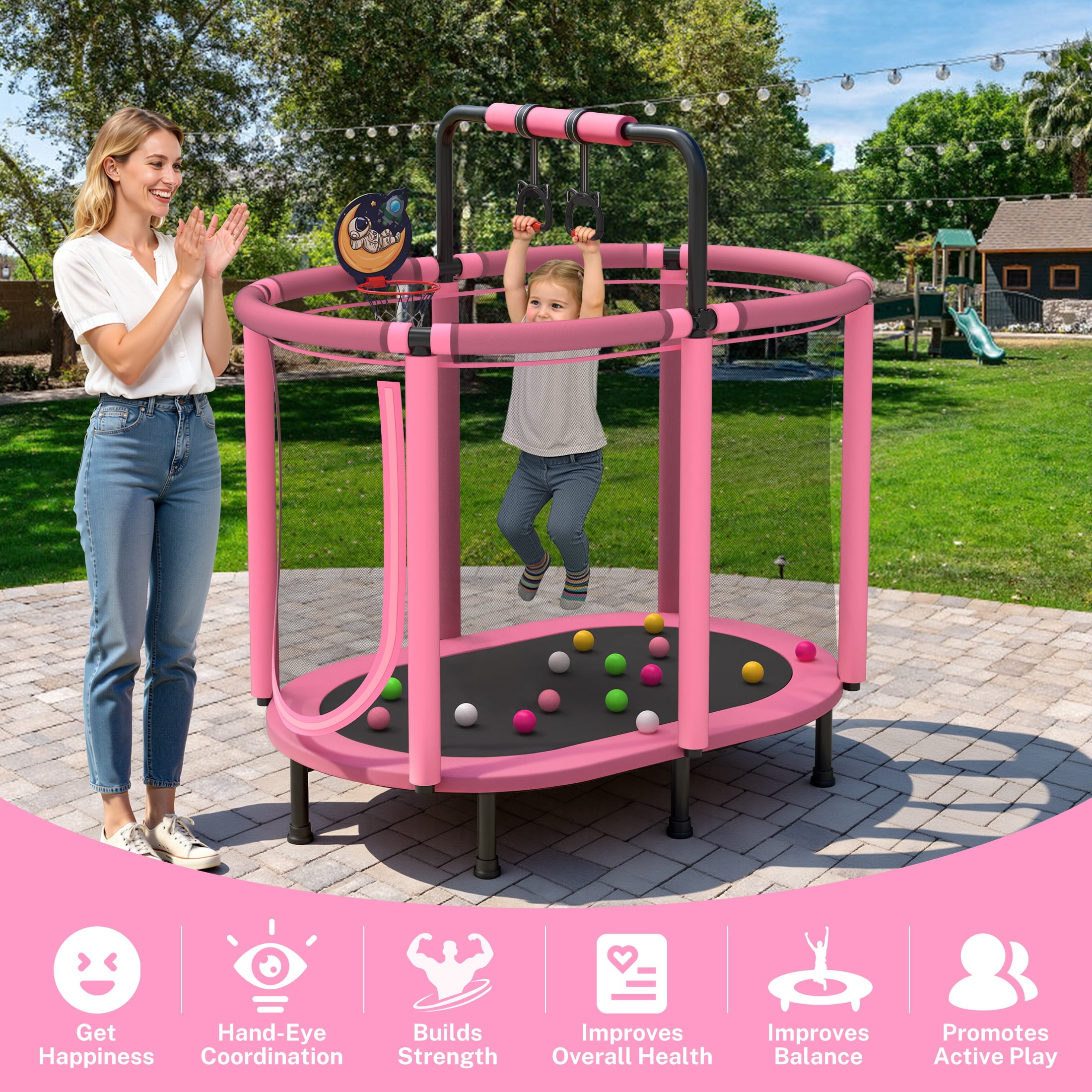 60" Toddler Trampoline with Enclosure Net, Kids Trampoline with Basketball Hoop, SHINPT Indoor Trampoline for Kids, Small Trampoline with Ocean Balls, Mini Trampoline with Rings, Gift for Boys Girls