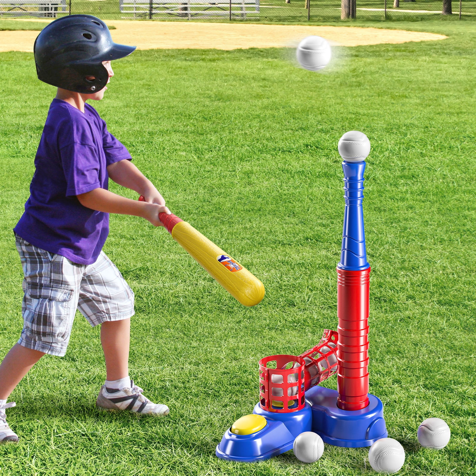 2 in 1 Tee Ball Set for Kids 3-5|5-8, Kids Baseball Tee, T-Ball Set with 10 Balls, Step on Pitching Machine, Batting Tee, Outdoor Sport Toy Games for 3 4 5 6 7 8 Year Old Boys Kids Toddler