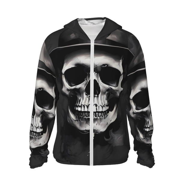 Fotbe Black White Hat Skull Chaqueta con Protección Solar UPF 50+ para Hombre y Mujer, Camisa con Capucha y Bolsillos-Large