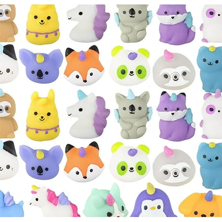24 Bagged Cute Mystical Girly Animal Mochi Squishy Animals - Kawaii - Sensory, Stress, Fidget Party Favor Toy Bulk - Bright (Random Selection)