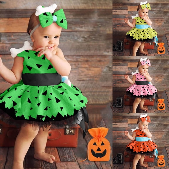 Pandaie Toddler Girl Cavegirl Outfits Girls Costume Halloween Black Tulle Corset Waist Dress Bone Bow Headband and Bags Green,0-3 Months