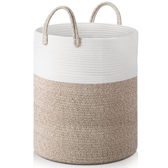 Large Cotton Rope Basket, 15"x15"x20"(58L) Woven Baby Laundry Blanket Basket, Toy Basket with Handle, Laundry Hamper for Storage, Blanket Basket for Living Room, Laundry, Nursery(Brown&White)