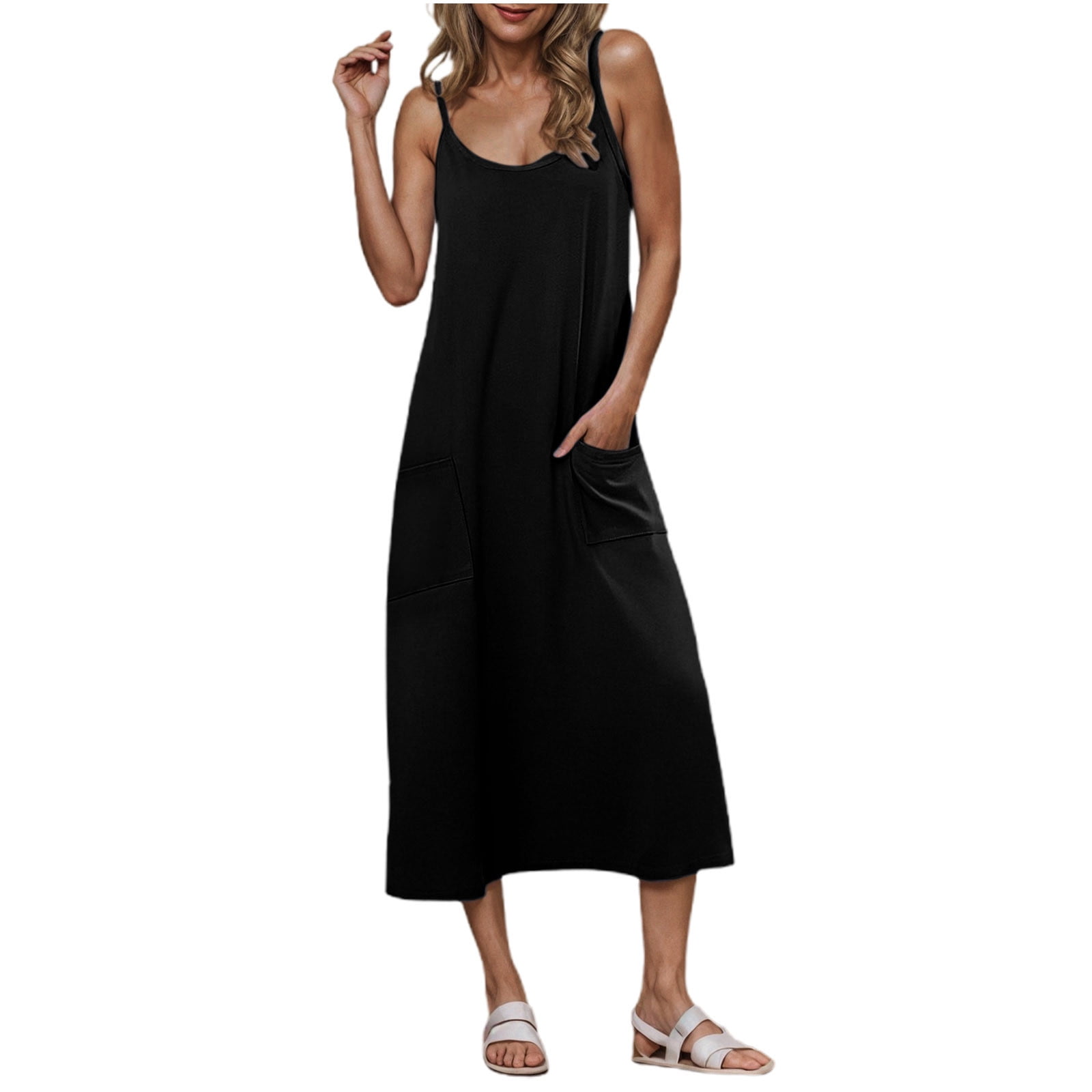 Cinvoph Summer Dresses for Women Crew Neck Spaghetti Strap Sleeveless Dress  Casual Loose Everyday Lounge Long Dress with Pockets - Walmart.ca