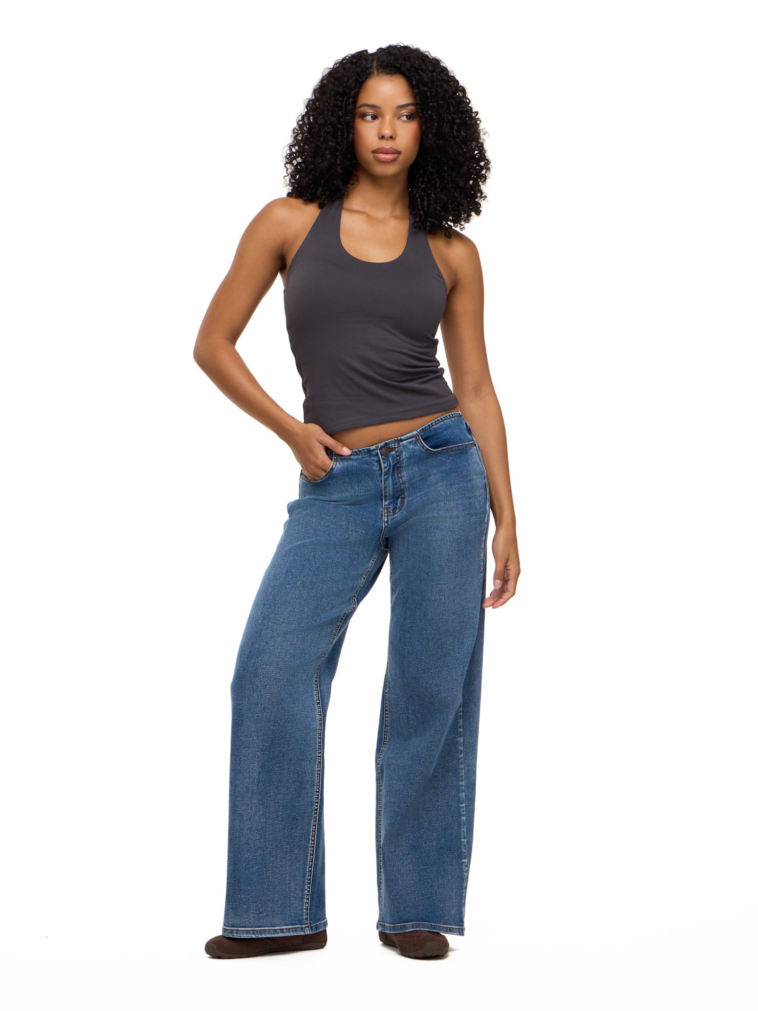 Forever 21 Women's No Waist Wide Leg Denim Pants, Stretch Cotton Blend Jeans, Mid Rise Casual Everyday Denim Style, Medium Acid Wash, Blue, 00-18