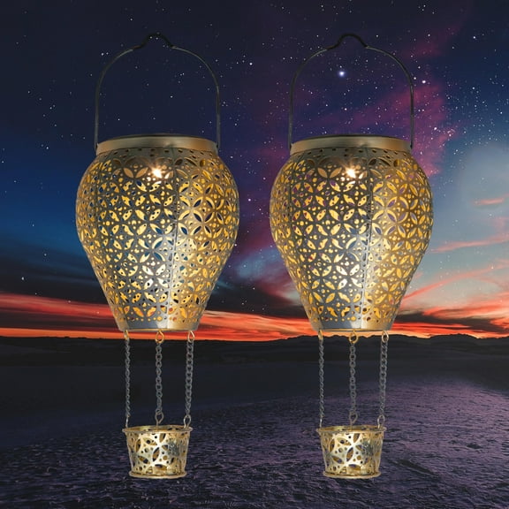 YAKii 2 Pack Hot Air Balloon Solar Lantern Waterproof Outdoor Hanging Solar-Powered Lights for Garden Lawn Yard Patio Decor, Hollow Out Solar Lamp Unique Gifts for Women Mom Grandma Mother'Day（Gold）