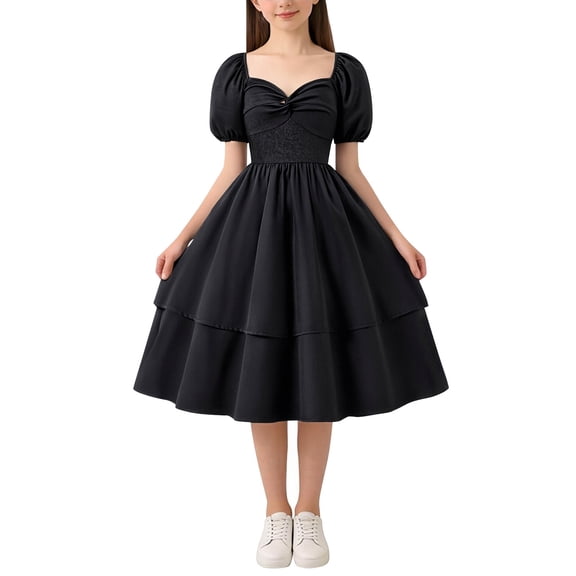 Ruyang Elegant Dresses for Teen Girls Ruffle Hem Puff Sleeve A Line Ball Gowns Summer Formal Party Birthday Dresses