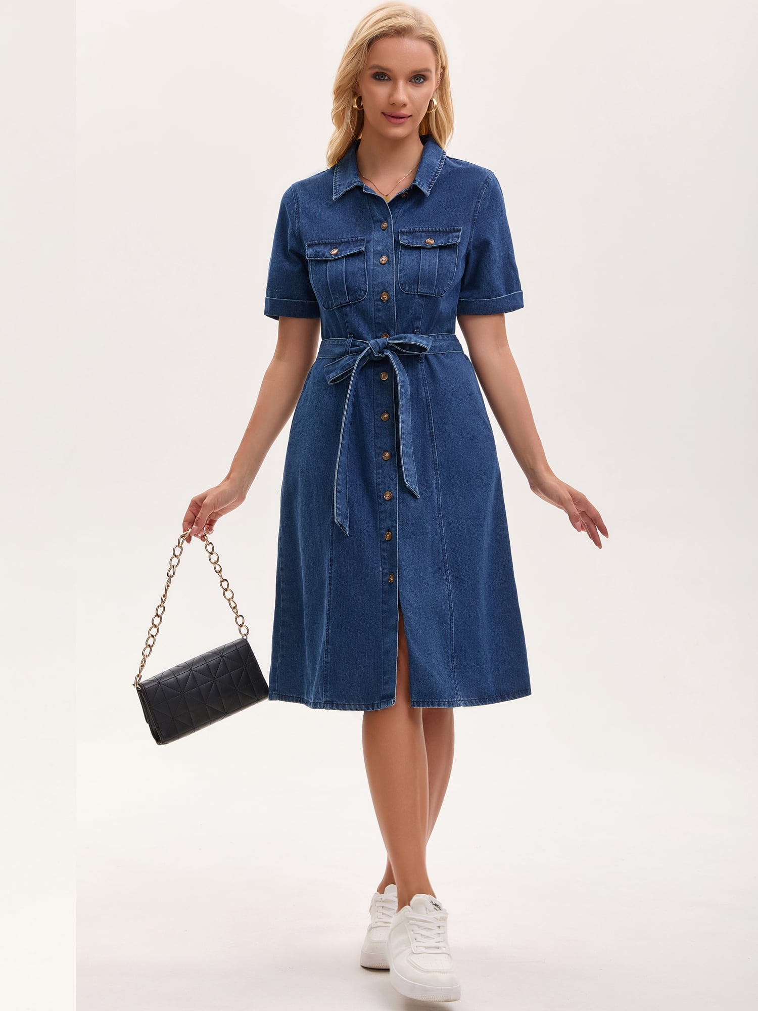 DARING DIVA Women's Denim Button Down Short Sleeve Belted Jean Shirt Dress XL Dark Blue