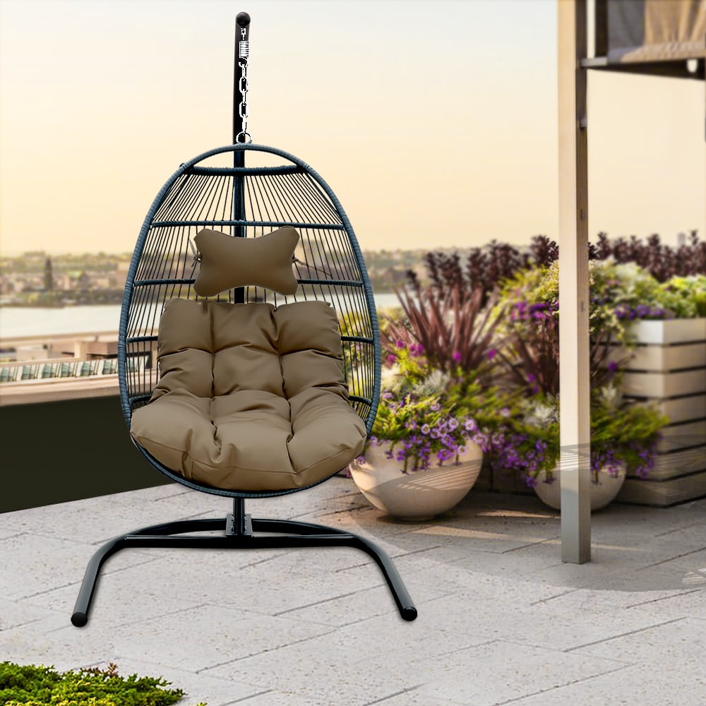 Zeeyh Foldable Hanging Egg Chair with Cushions and Headrest Steel Stand
