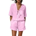 thumbnail image 2 of Hvogkswy Women Two Piece Linen Sets, Solid Color Short Sleeve V-Neck Tops and Wide Leg Shorts with Pockets Loose Breathable Hawaiian Beach Vacation Summer Outdoor Casual Set, 2 of 9