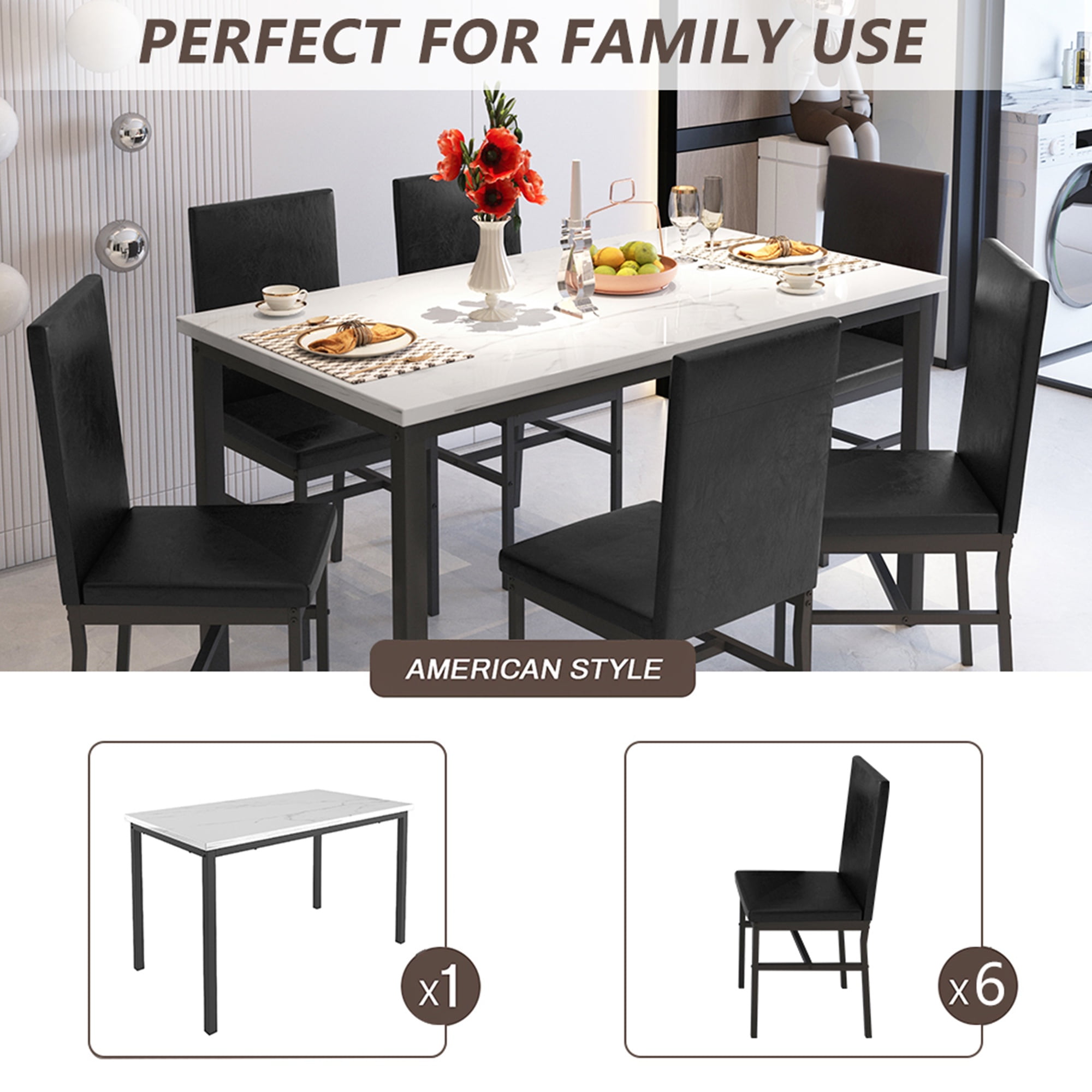 7 Piece Kitchen Dining Table & Chair Set, Dining Room Table Set with Faux Marble Tabletop PU Leather Padded Chairs, Rectangle Dining Table Set for 6, Dinette Set for Kitchen Dining Room Small Space