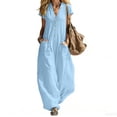 thumbnail image 3 of Cutuoiiu Women's Plus Size Wide Leg Pants, Solid Color V-Neck Short Sleeve Buttoned Jumpsuit with Pockets, Loose Cotton Pants for Women, Casual Fashion Jumpsuits for Women, 3 of 7