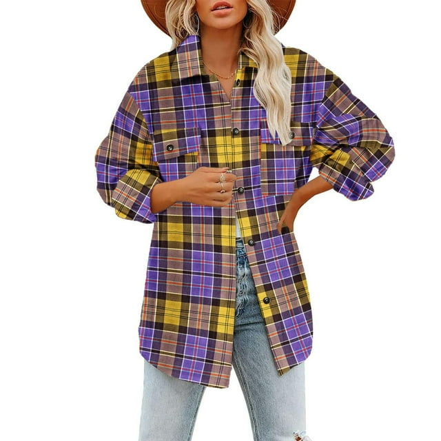Women‘s Plaid Shirts Long Sleeve Flannel Lapel Button Down Pocketed Shacket Jacket Coats
