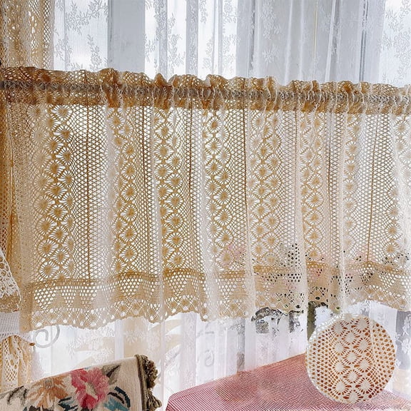 Vintage Crochet Lace Tier Curtains 51"x18" Semi-Shear Cotton Blend Cafe Curtain for Kitchen Cabinet Window Decor Boho,1-Pack
