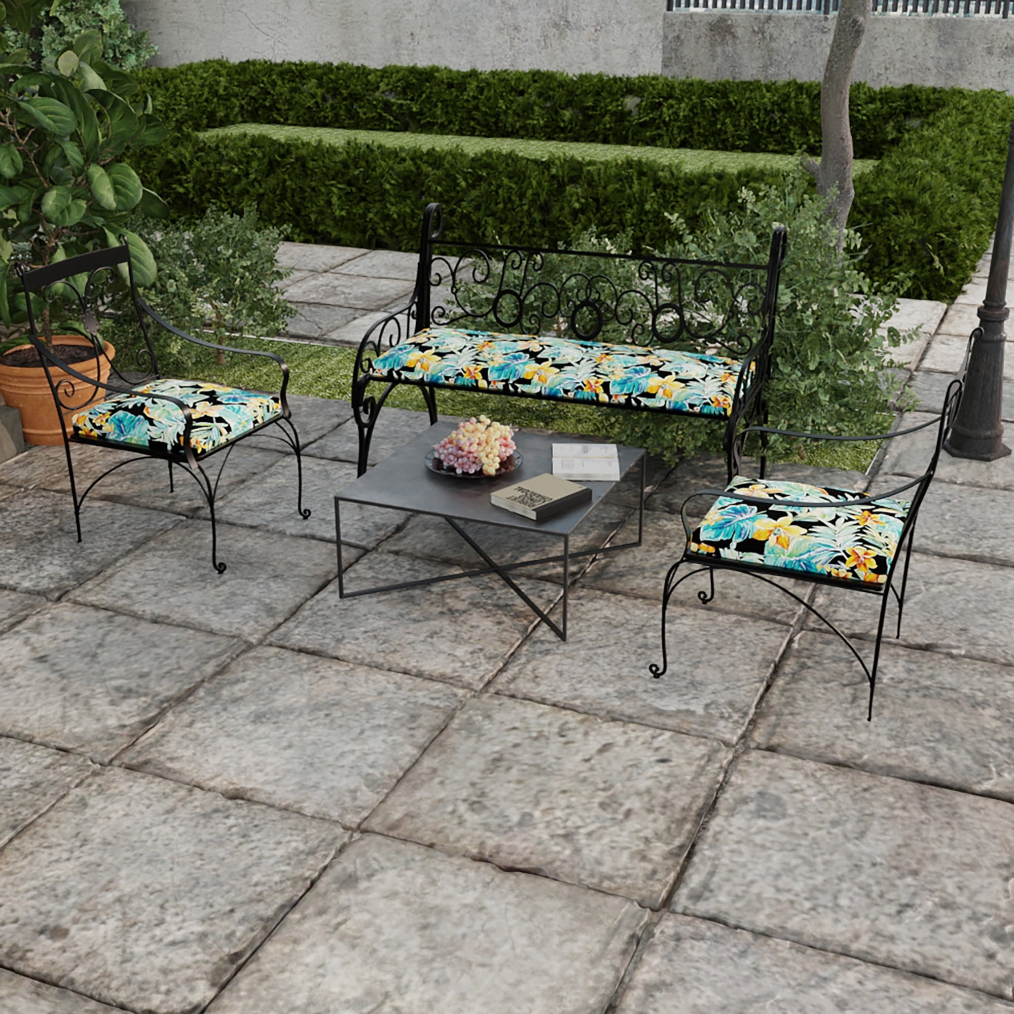 Jordan Manufacturing 17" x 19" Beachcrest Caviar Black Floral Rectangular Outdoor Chair Pad Seat Cushion with Ties (2 Pack)