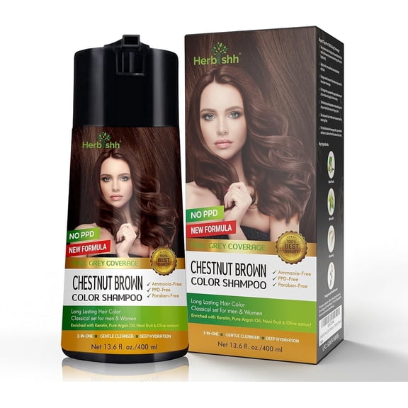Herbishh Chestnut Brown Hair Color Shampoo, PPD-Free Permanent Hair Dye Shampoo for Gray Hair, 3-in-1 Hair Color with Ammonia-Free Formula for Men & Women, Chestnut Brown, 400 mL