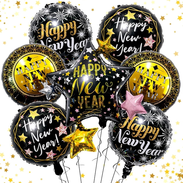 Set de globos Villorem, 7 unidades, feliz año nuevo, negro y dorado 2026