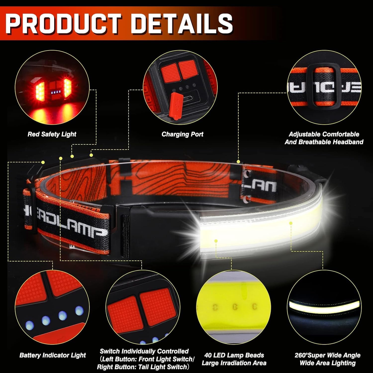 Rechargeable Headlamp,Super Bright 1500 Lumens 6 Modes Head Lamp Led Rechargeable with Tail Red Light,Wide Beam Led Headlamp Waterproof for Adults Outdoor Camping Hiking Hunting Accessories