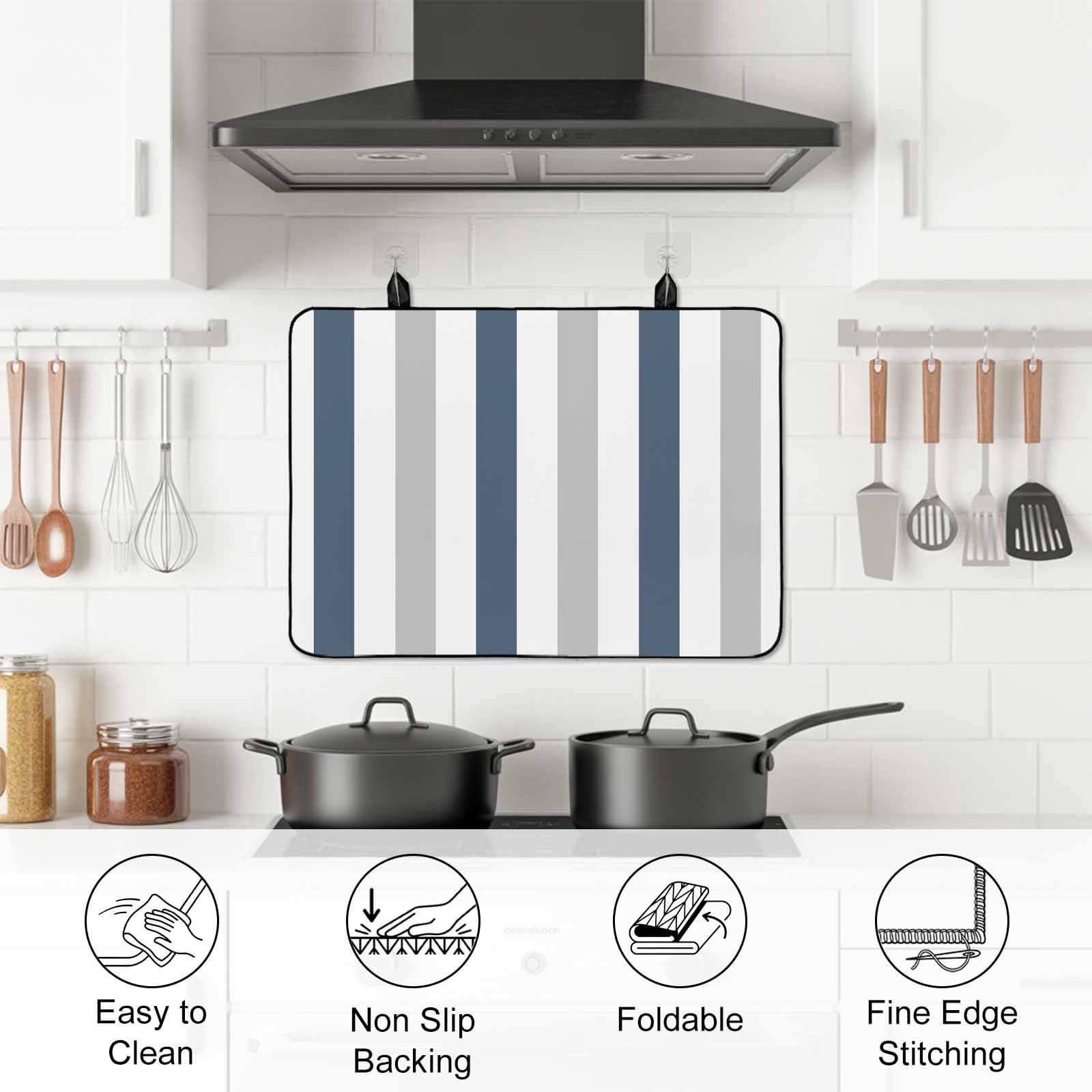 Blue Gray Striped Stove Top Cover for Electric Stove, Heat-proof & Non Slip Glass Top Stove Cover Protector, Farmhouse Stripe Art Kitchen Flat Cooktop Rubber Mat 28.5x20.5 Inches