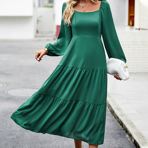 Gibobby Vestidos de sueter para mujer Vestido Largo Elegante Para Mujer Color Liso Escote Cuadrado Perfecto Para Otono E Invierno Verde XL