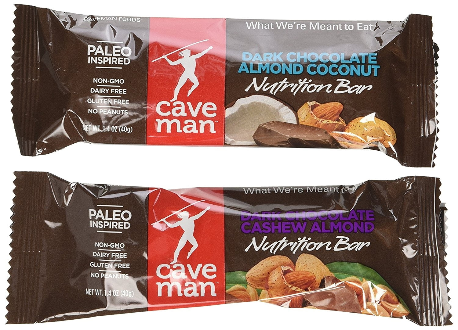 Caveman Nutrition Bars 10 Dark Chocolate Cashew Almond Bars and 10 Dark Chocolate Almond Coconut